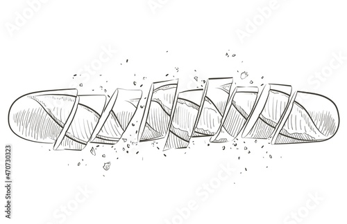 French bread baguette. Long loaf. Rye whole grain baked bread. Vector sketch realistic line vintage illustration.