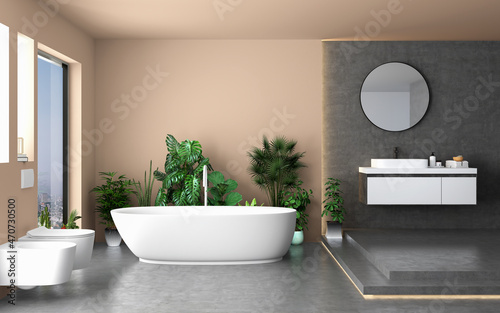 Rendering of bathroom interior with concrete floor beige wall background  beautiful plants  beige bathtub  beige toilet  front view. Minimalist bathroom with modern furniture. 3D rendering