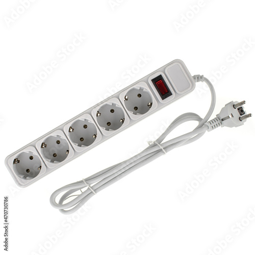 Surge protector, five-port extension cord, on a white background isolated