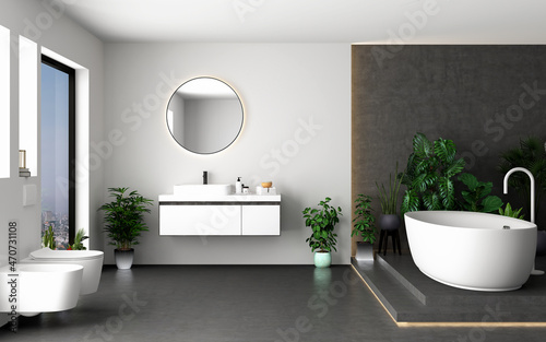 Minimalist bathroom interior with concrete floor white wall background  beautiful plants  white bathtub  white toilet  front view. Minimalist bathroom with modern furniture. 3D rendering
