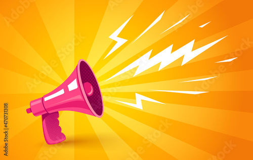 Vector vintage poster with retro pink megaphone on yellow background.