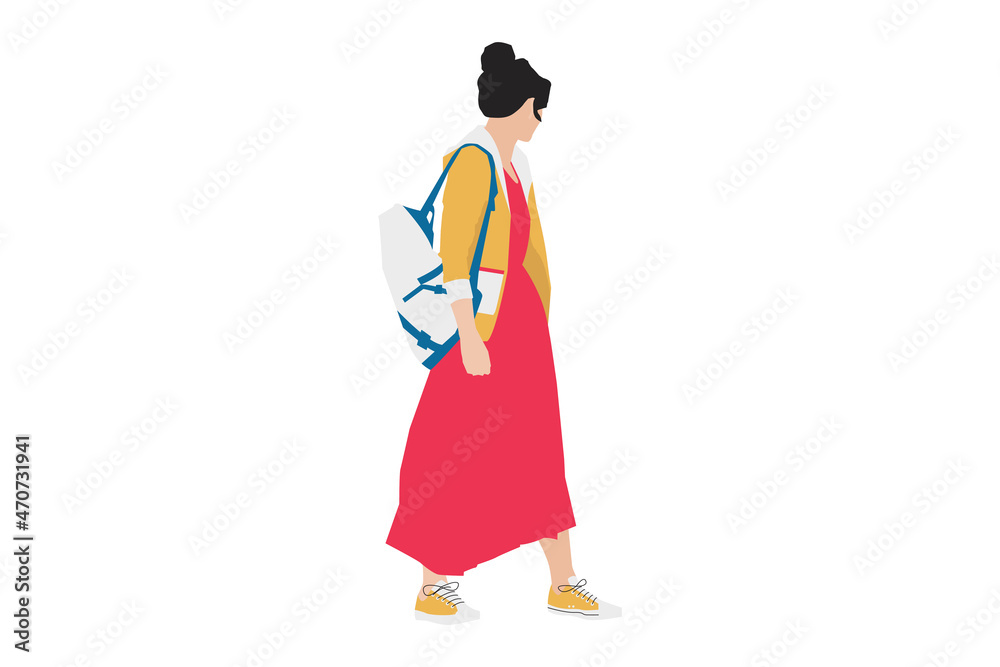 Vector illustration of casual women walking on the sidewalk