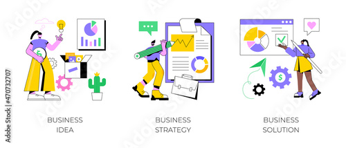 Business plan abstract concept vector illustration set. Business idea, strategy and solution, company achievement, problem solving, decision making, effective performance, roadmap abstract metaphor. © Vector Juice