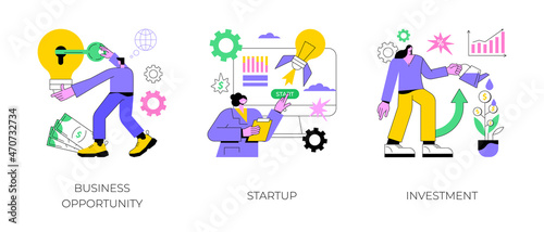 Entrepreneurship abstract concept vector illustration set. Business opportunity, startUp, investment, financial adviser, startup launch, franchising, business venture, mentoring abstract metaphor.