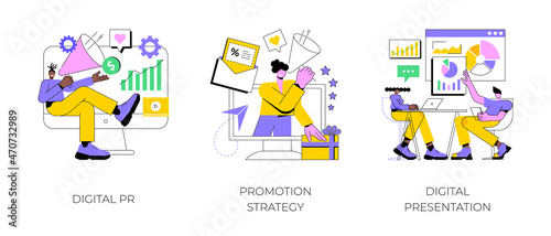 Online marketing campaign abstract concept vector illustration set. Digital PR, promotion strategy, digital presentation, reputation management, customer loyalty, brand awareness abstract metaphor.