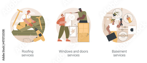 House maintenance abstract concept vector illustration set. Roofing services, windows and doors replacement and installation, basement repair, leak inspection, hire contractor abstract metaphor.
