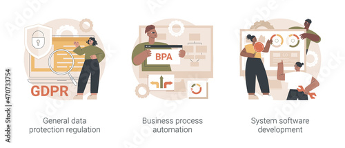 Digital transformation abstract concept vector illustration set. General data protection regulation, business process automation, system software development, data collection abstract metaphor.