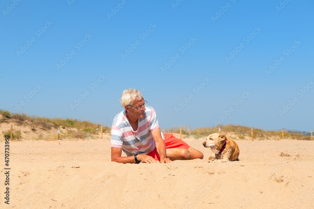 Senior man with old dog at beach