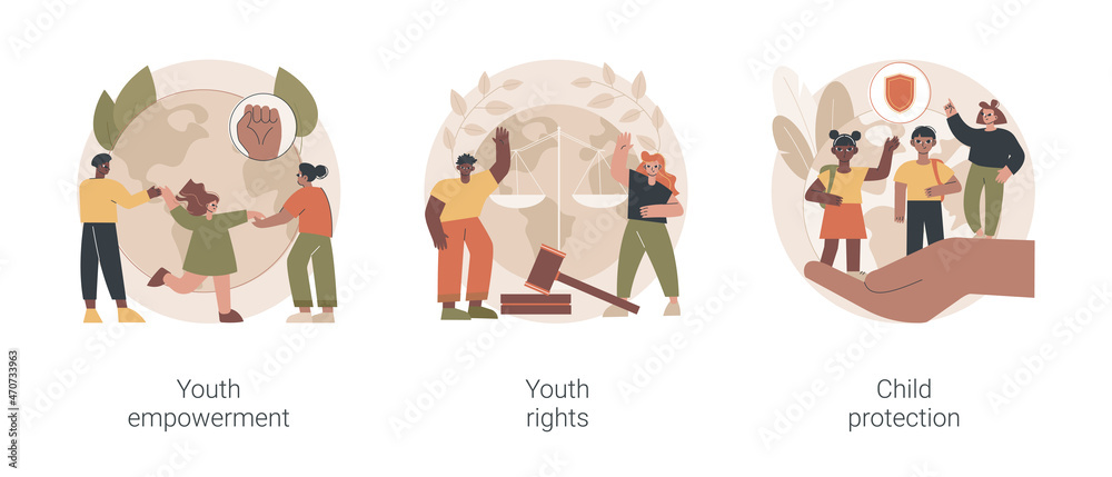 Young people rights protection abstract concept vector illustration set. Youth rights and empowerment, child protection, take action, improve life quality, involvement, voting age abstract metaphor.