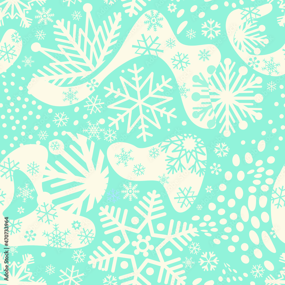 Snow seamless pattern. Artistic winter background with dots and snowflakes. Seasonal drawn texture. Winter holiday backdrop. Christmas collection.