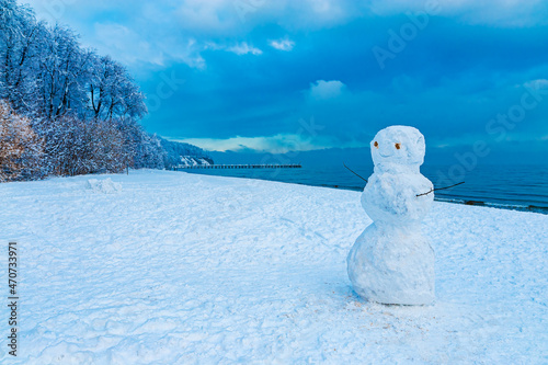 Snowman standing on the beach and smiling