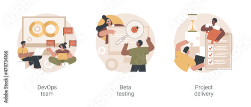 IT teamwork abstract concept vector illustration set. DevOps team, beta testing, project planning and delivery, time and budget, agile workflow, helpdesk software, task requirements abstract metaphor.