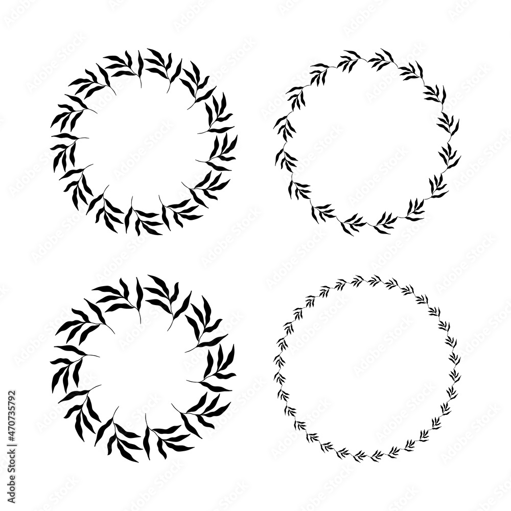 Illustration of collection of assorted circle shaped black frames made of plants on white isolated background Illustration of collection of assorted circle shaped black frames made of plants on white isolated background