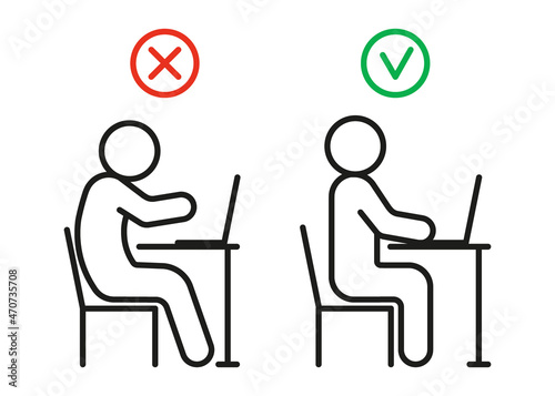 Incorrect curve and correct health posture of sitting on computer. Health preservation rules. Avoid poor posture and vision, spine problems. Vector line illustration