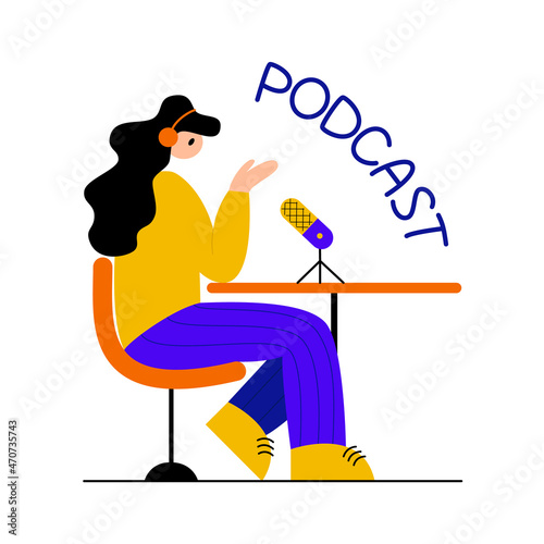 A girl with headphones is recording an audio broadcast. Radio host talks into microphones while sitting at a table. Media hosting doodle drawing. Podcast concept. Vector illustration in flat style