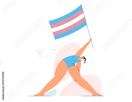 Vector flat illustration with transgender caucasian person with rainbow flag in his hand going in yoga pose.