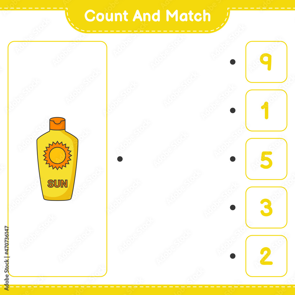 Count and match, count the number of Sunscreen and match with the right numbers. Educational children game, printable worksheet, vector illustration Count and match, count the number of Sunscreen and match with the right numbers. Educational children game, printable worksheet, vector illustration