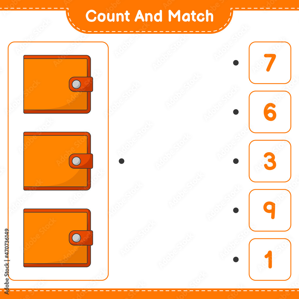 Count and match, count the number of Wallet and match with the right numbers. Educational children game, printable worksheet, vector illustration Count and match, count the number of Wallet and match with the right numbers. Educational children game, printable worksheet, vector illustration