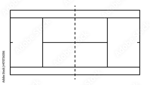 Tennis court in line style. Badminton field top view. Outline graphic square for tennis court. Icon of wimbledon competition. Illustration for sport pitch, plan and stadium. Vector photo