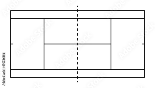 Tennis court in line style. Badminton field top view. Outline graphic square for tennis court. Icon of wimbledon competition. Illustration for sport pitch, plan and stadium. Vector
