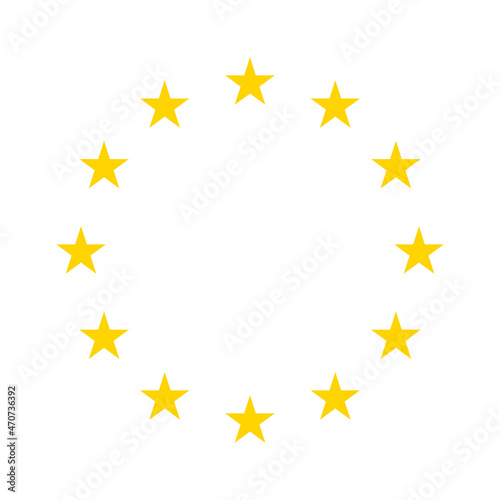 Star icons in circle. Yellow european logos on white background. EU flag. 12 yellow stars for europe union. Badges of euro military, community, economic and council. Eurozone market. Vector photo