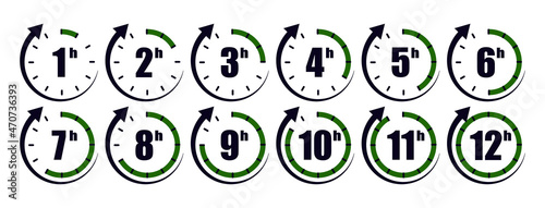 Timer icon. Stopwatch with minute and hour. Clock for time, deadline, countdown and stop. Watch with hour from 1 to 12. Chronometer for speed, sport and cooking. Set of graphic symbols. Vector