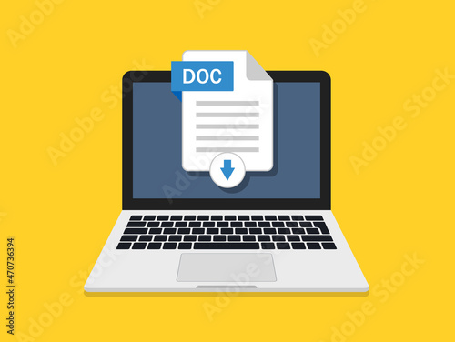 Download of doc document in computer. Icon of upload file in laptop. Digital text file for download from internet. Click to save of document with data. Vector