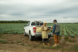 Mature Asian vegetable farmer in sunhat and apron reading papers into clipboard while talking to customer on plantation