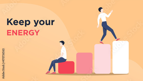 Mental battery level. Vector poster with copy space. Two men with different energy level concept. 