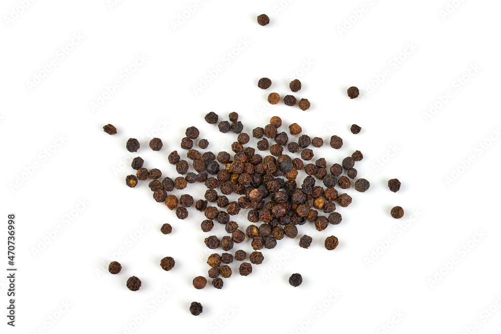 Black peppercorns, isolated on white background.