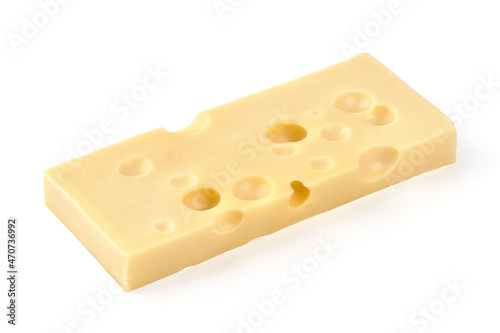 Swiss cheese block isolated on white background.