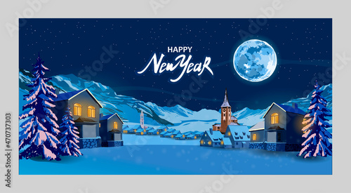 Merry Christmas and Happy New Year 2020. Christmas card night landscape with winter city, trees, mountain and Moon. Happy new year text.