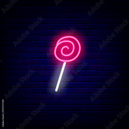 Lollipop candy neon sign. Sweet shop. Cake store. Night bright emblem. Isolated vector stock illustration