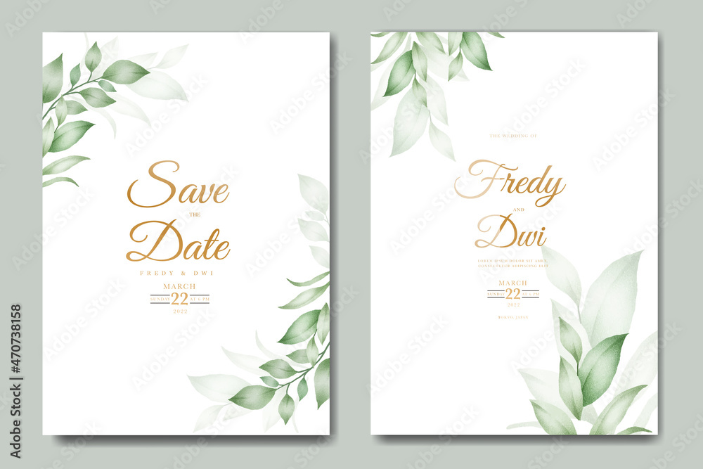 greenery wedding invitation card with leaves watercolor