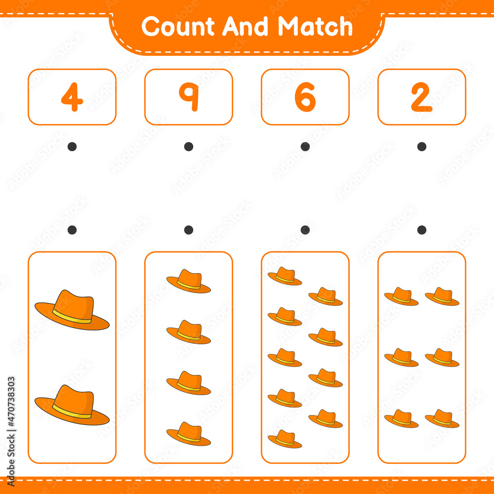 Count and match, count the number of Summer Hat and match with the right numbers. Educational children game, printable worksheet, vector illustration