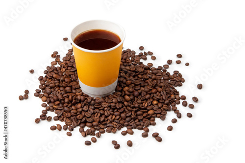 Yellow paper cup of coffee among coffee beans. White isolated background. Fast food coffee.
