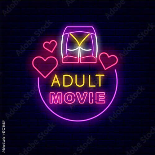 Adult movie logo. Sex shop neon signboard on brick wall. Sexual lingerie. Isolated vector illustration