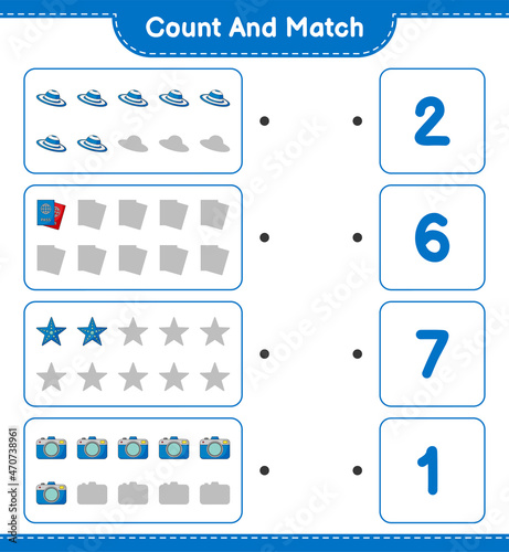 Count and match, count the number of Summer Hat, Passport, Camera, Starfish and match with the right numbers. Educational children game, printable worksheet, vector illustration