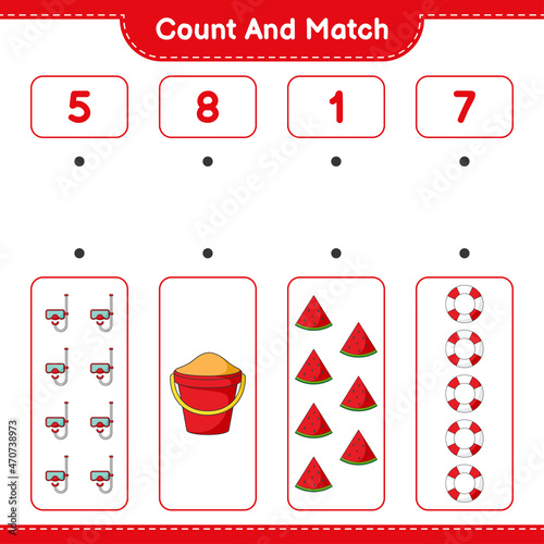 Count and match, count the number of Scuba Diving Mask, Sand Bucket, Watermelon, Lifebuoy and match with the right numbers. Educational children game, printable worksheet, vector illustration