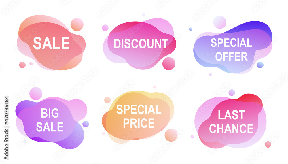 Sale badges. Vector illustration in flat design. Set of colorful liquid icons isolated on white backdrop Sale badges. Vector illustration in flat design. Set of colorful liquid icons isolated on white backdrop