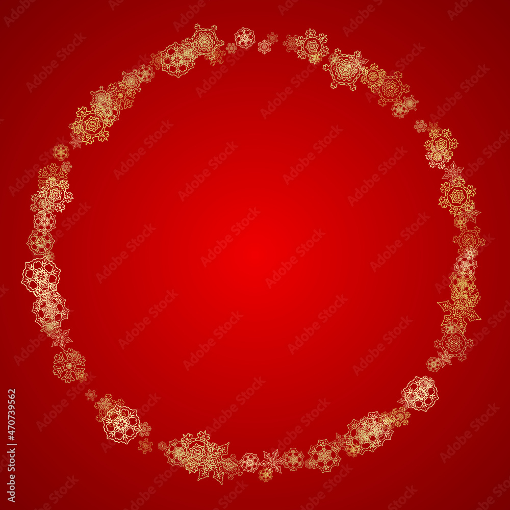 Christmas snowflakes on red background. Glitter frame for seasonal winter banners, gift coupon, voucher, ads, party event. Santa Claus colors with golden Christmas snowflakes. Falling snow for holiday Christmas snowflakes on red background. Glitter frame for seasonal winter banners, gift coupon, voucher, ads, party event. Santa Claus colors with golden Christmas snowflakes. Falling snow for holiday