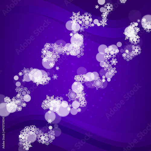 Snowflake banner with ultra violet snow. New Year backdrop. Winter border for flyer, gift card, invitation, business offer and ad. Christmas trendy background. Holiday banner with snowflake banner