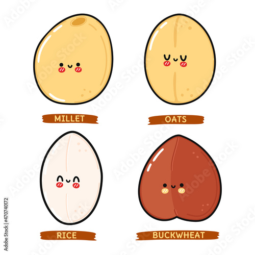Funny cute happy groats characters bundle set. Vector kawaii line cartoon style illustration. Cute groats mascot character collection