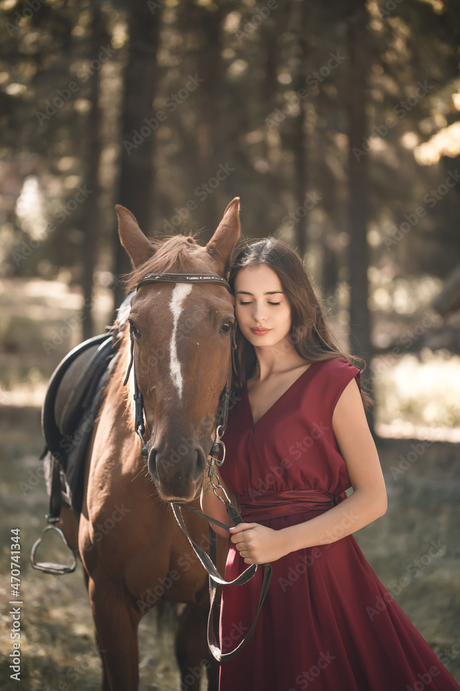Fototapeta premium Portrait of a smiling young woman hugging her brown horse. A girl in a dress is standing near a horse. The concept of friendship between people and pets.