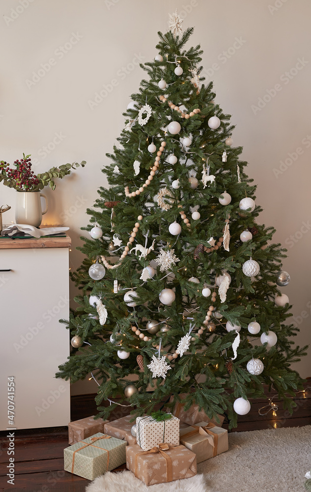 Christmas scandinavian living room. Green and white decor christmas tree background. New Year celebration. Merry Christmas and Happy New Year. Christmas scandinavian living room. Green and white decor christmas tree background. New Year celebration. Merry Christmas and Happy New Year.