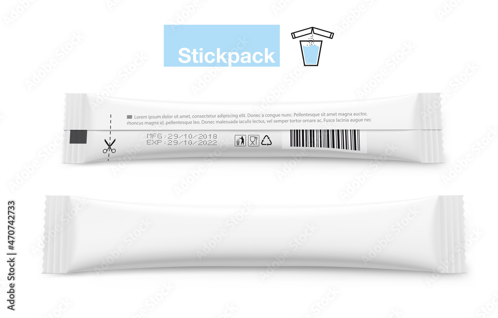 © realstockvector - Set of realistic packaging stick mockup. Front and rear side. Vector illustration isolated on white background. It can be used for sugar, coffee, ketchup, powder, cosmetics and etc. EPS10. © realstockvector - Set of realistic packaging stick mockup. Front and rear side. Vector illustration isolated on white background. It can be used for sugar, coffee, ketchup, powder, cosmetics and etc. EPS10.