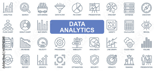 Data analytics concept simple line icons set. Bundle of search, mining filter, pie chart, presentation, database, calculator and other. Vector pack outline symbols for website or mobile app design