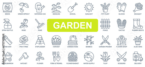 Garden concept simple line icons set. Bundle of green sprout, watering can, seedling, shovel, gloves, pot plant, harvest, supply and other. Vector pack outline symbols for website or mobile app design