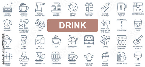 Drink concept simple line icons set. Bundle of coffee, turkish pot, beans, milk, wine, tea ceremony, beer, champagne, cognac and other. Vector pack outline symbols for website or mobile app design