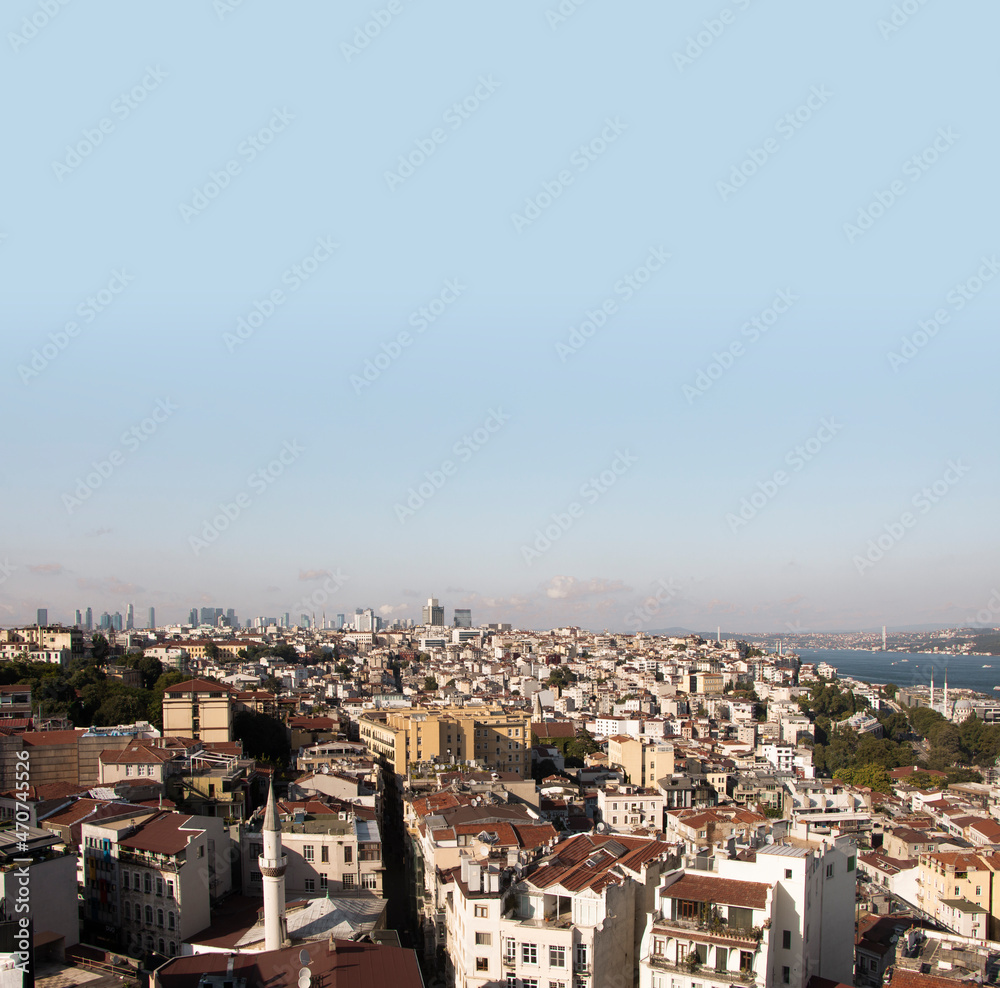 Old city effects on Istanbul with sea and buildings. City view consisting of different houses. Bad example of urban sprawl. Population is increasing and the existing real estate are not enough.
